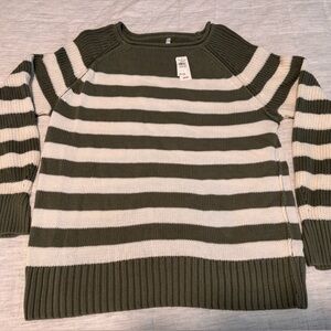Aerie Olive and White Striped Crewneck Sweater